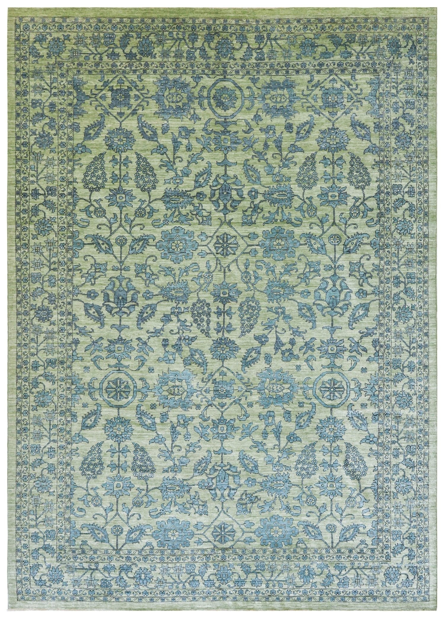 Amritsar Handwoven Traditional Rug J75436: Sage green & blue floral pattern, handwoven for a luxurious feel.
