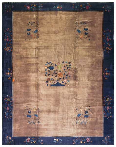 Antique Art Deco handwoven rug J75286: Beige wool with blue border, floral & bird motifs.
