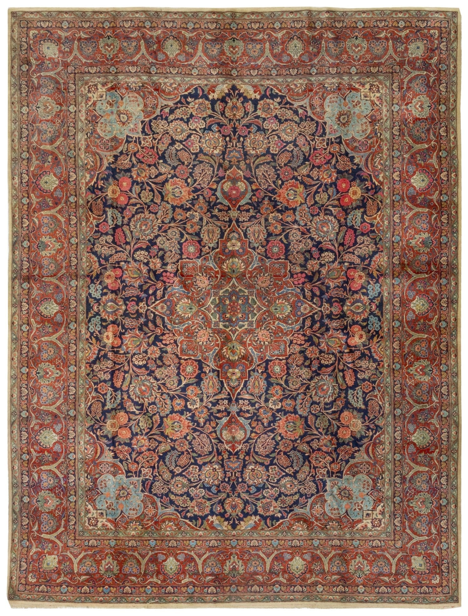 Antique Dabir Keshan handwoven rug, J76397: traditional floral design, rich colors.
