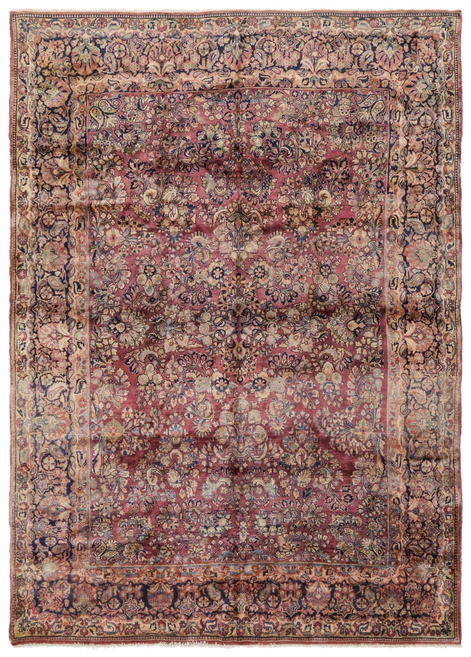 Antique Euro Sarouk handwoven rug, J72114: traditional floral design, red and navy tones.
