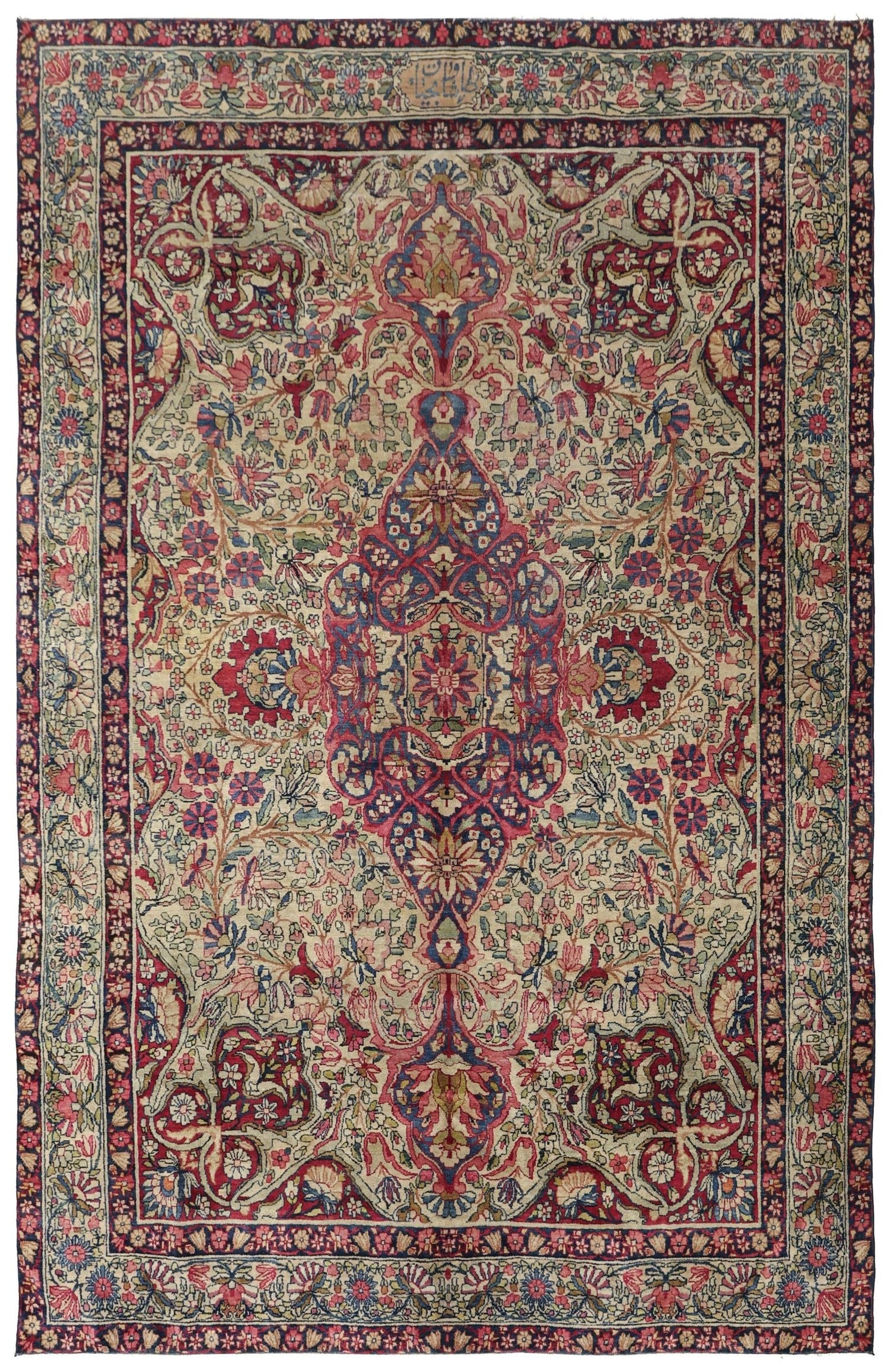 Antique Lavar Kerman handwoven rug J68076: traditional floral design, cream base, red & blue accents.
