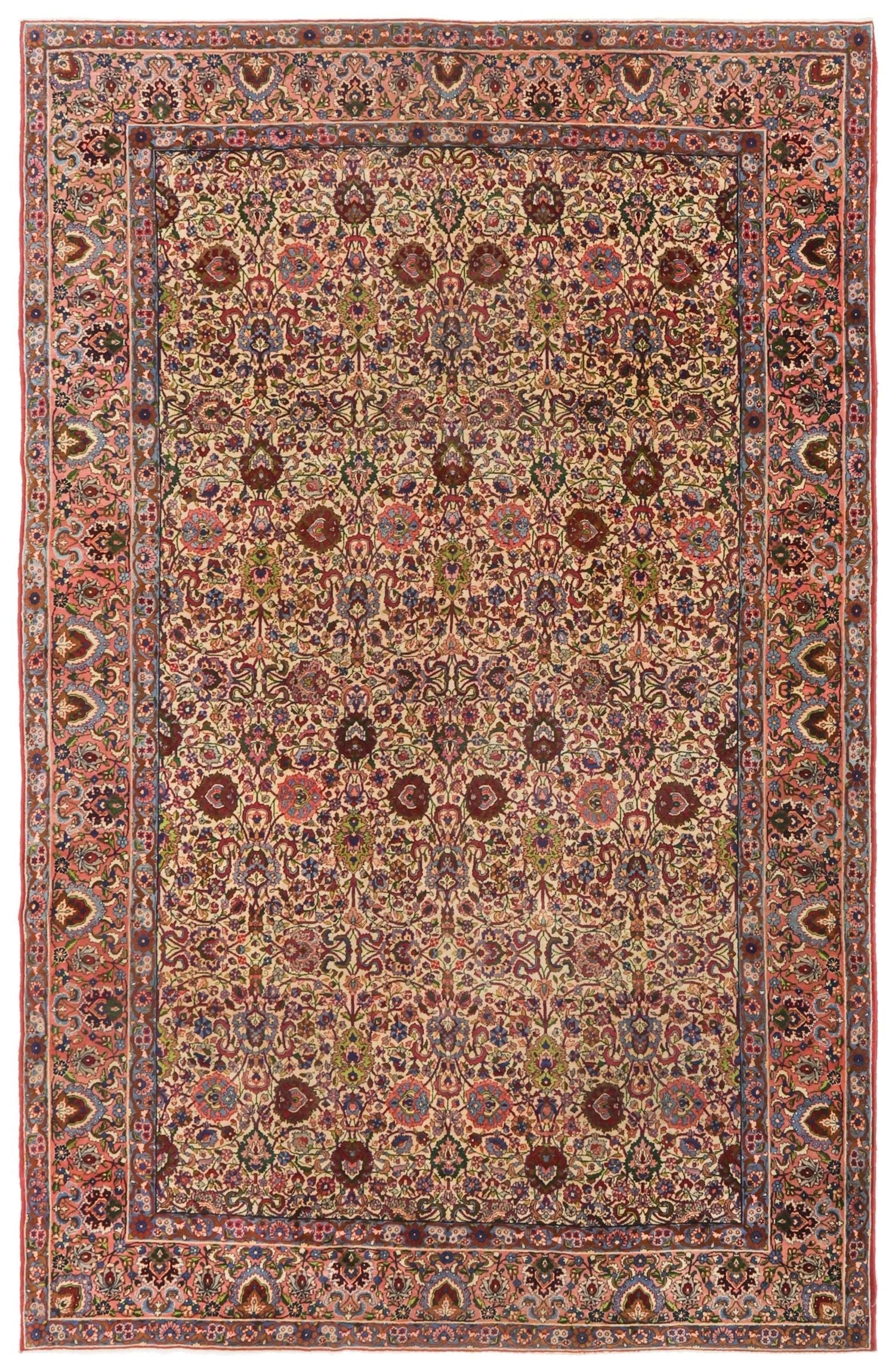 Antique Lavar Kerman handwoven rug, J72093: traditional floral design, cream background, multicolored accents.
