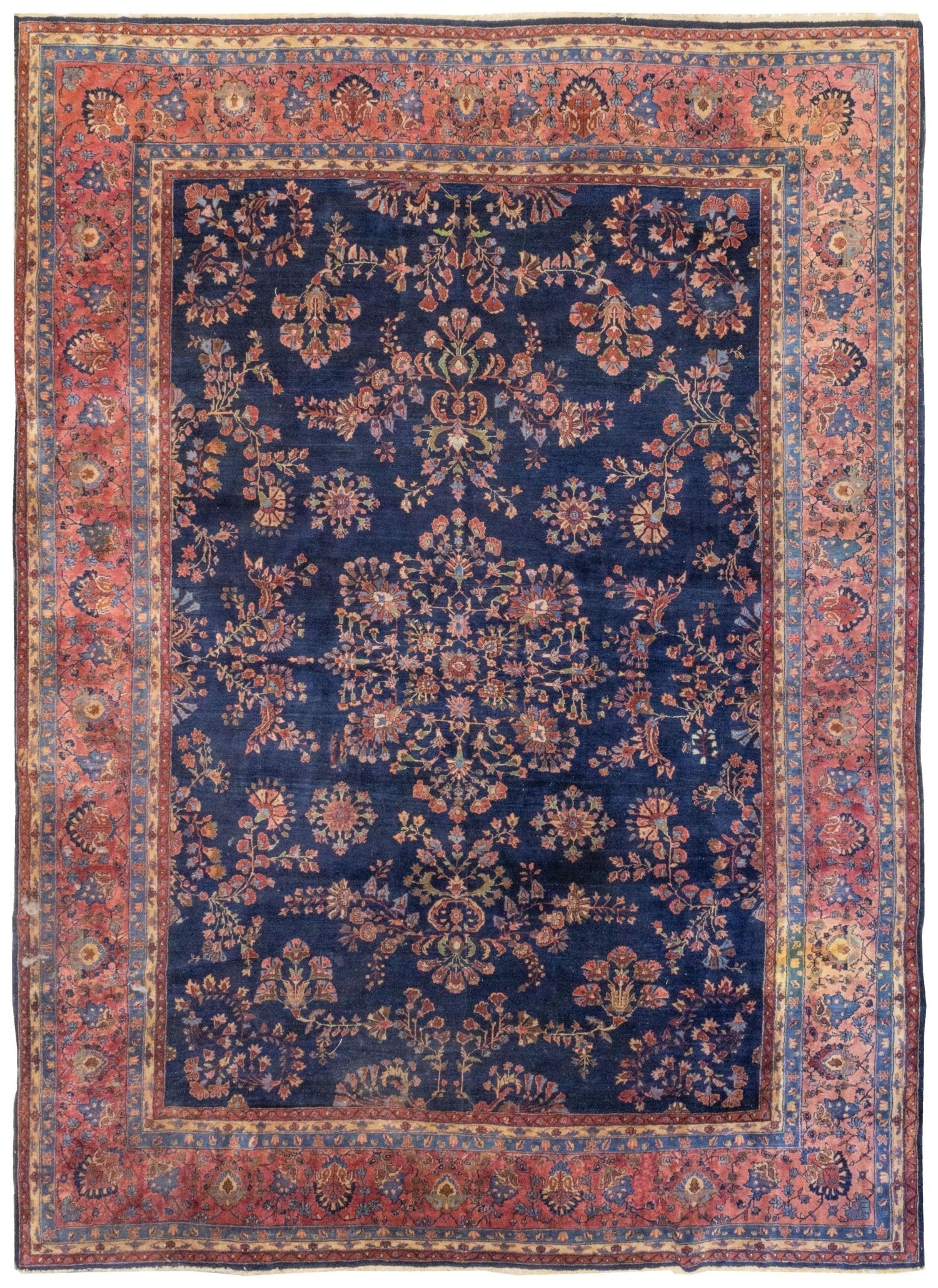 Antique Mahajaran Sarouk rug, handwoven, navy blue with floral pattern, J76314
