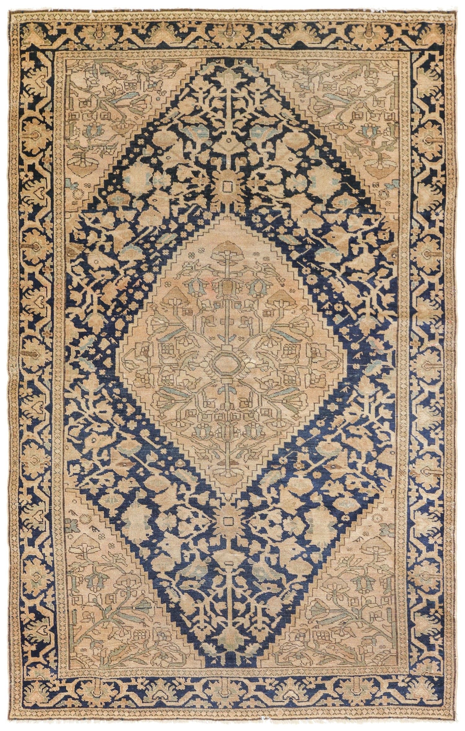 Antique Malayer Sarouk handwoven rug, J75291:  Beige and navy blue floral pattern, traditional design.
