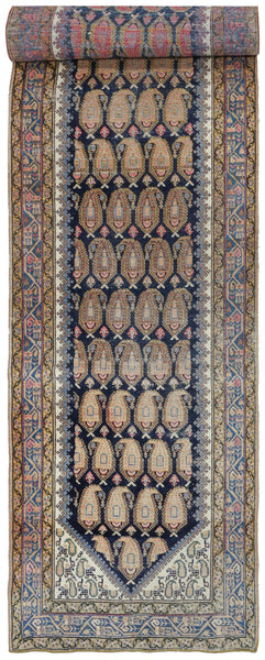 Antique Afshar handwoven tribal rug J76377: navy, beige, & pink paisley pattern, detailed border.
