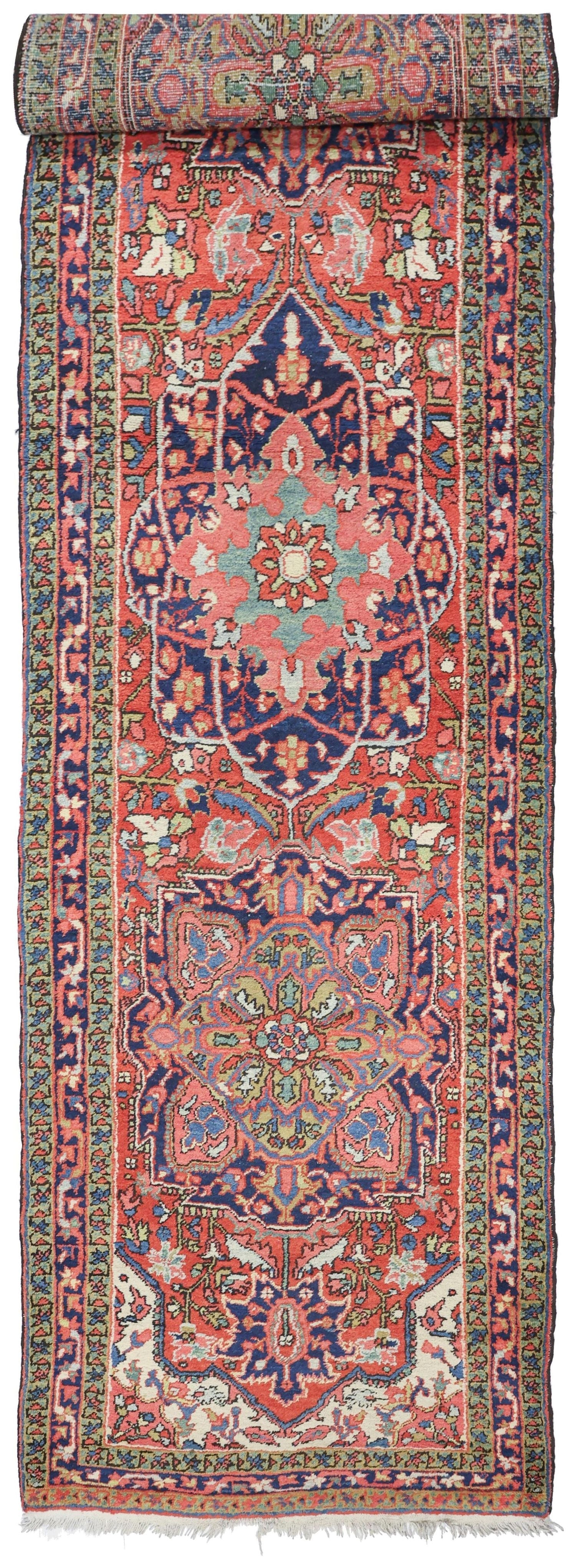 Antique Ahar Heriz rug, handwoven tribal design, red & blue, J76370
