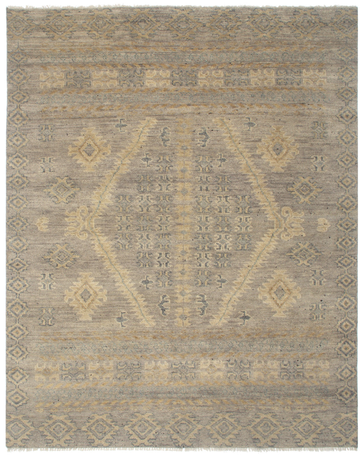 Anatolian 1 Handwoven Tribal Rug J71520: Neutral-toned rug with intricate tribal pattern.
