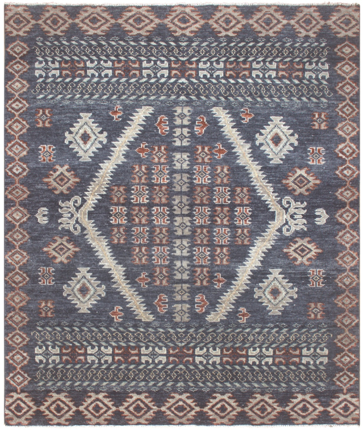 Anatolian 1 Handwoven Tribal Rug J71625: Gray, handwoven rug with intricate tribal pattern, featuring beige and red accents.
