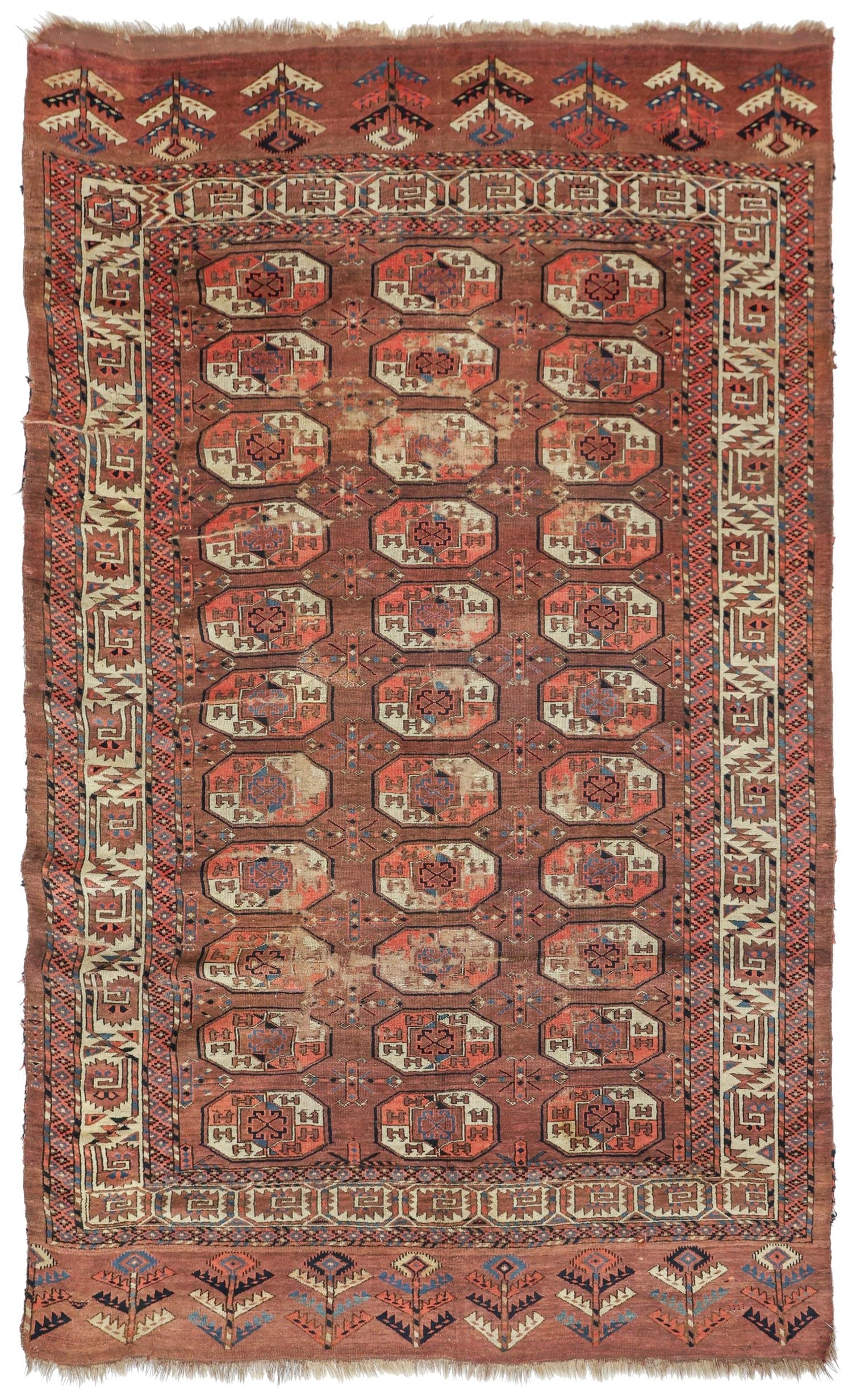 Antique Arabachi handwoven tribal rug, J76476, with intricate red and beige geometric patterns.
