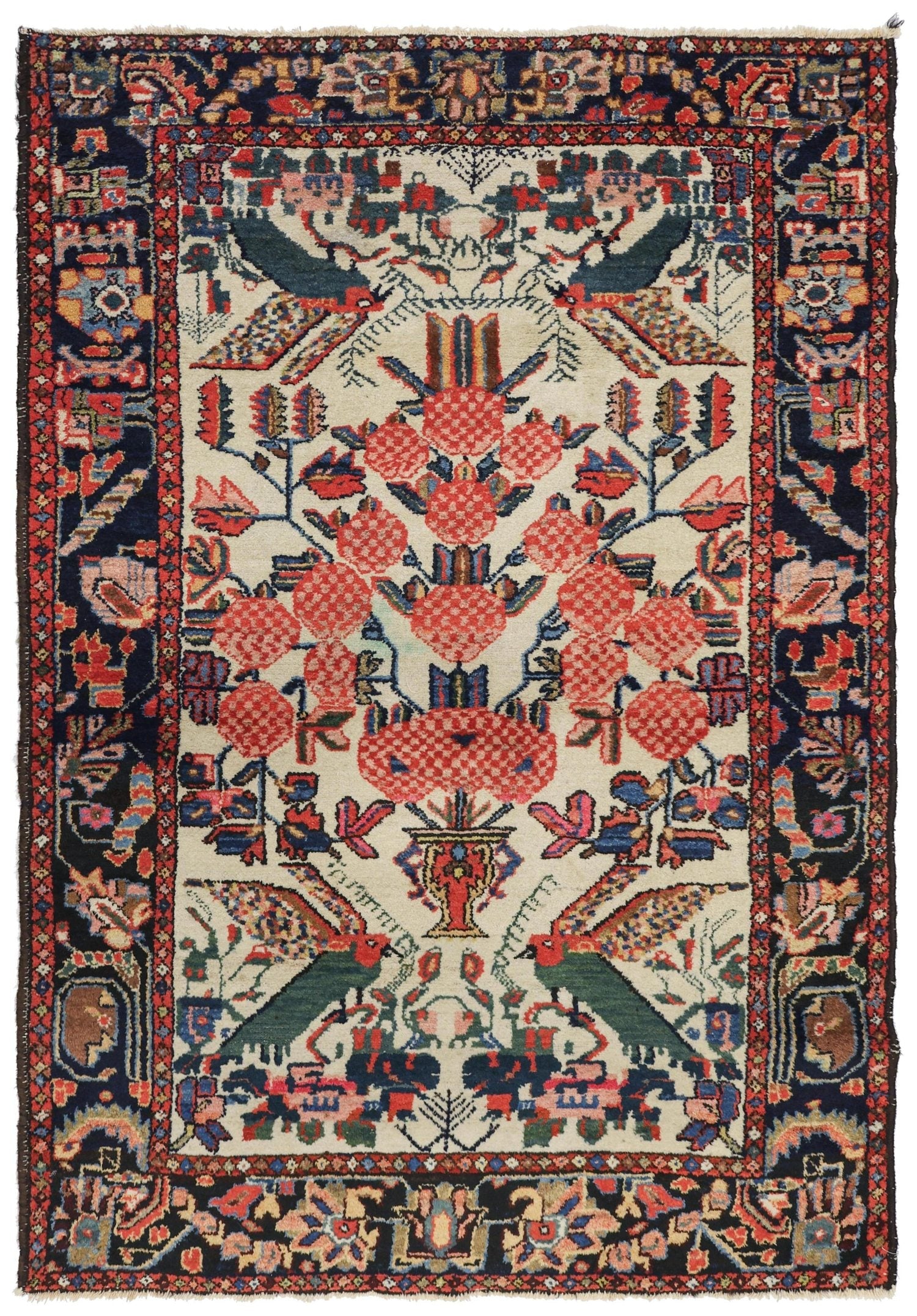 Antique Bakhtiari handwoven tribal rug J76412: cream field with red floral tree of life, peacock motifs, navy border.
