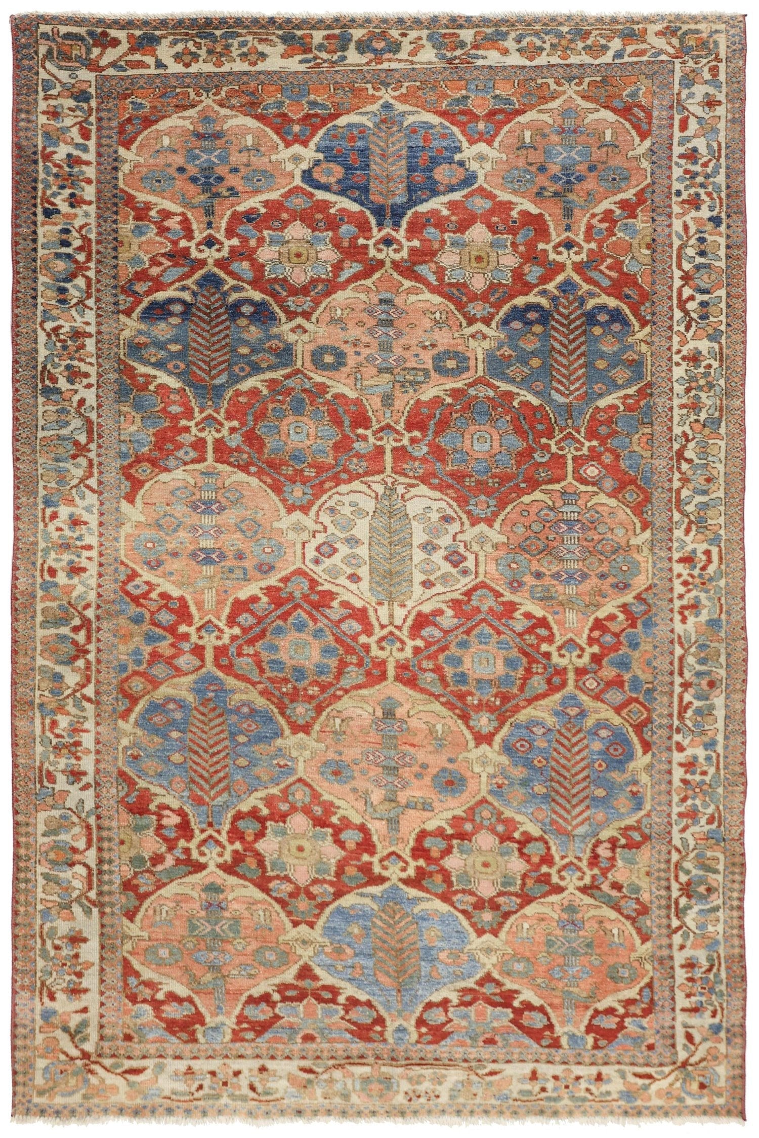 Antique Bakhtiari handwoven tribal rug JF5007: red, blue, beige, floral pattern.
