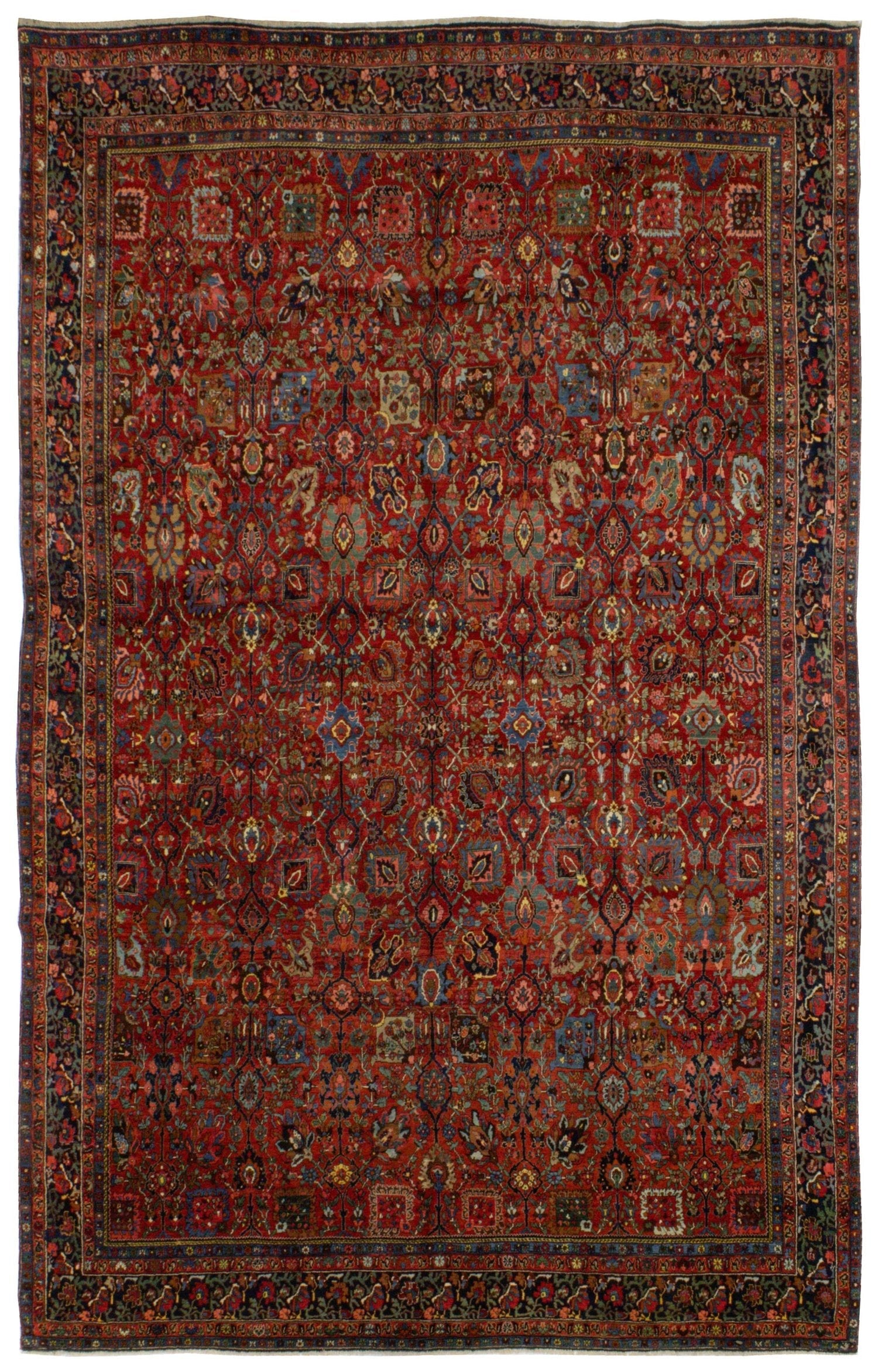 Antique Bijar Handwoven Tribal Rug J76422: Red, richly detailed, handwoven wool rug with intricate floral and geometric patterns.
