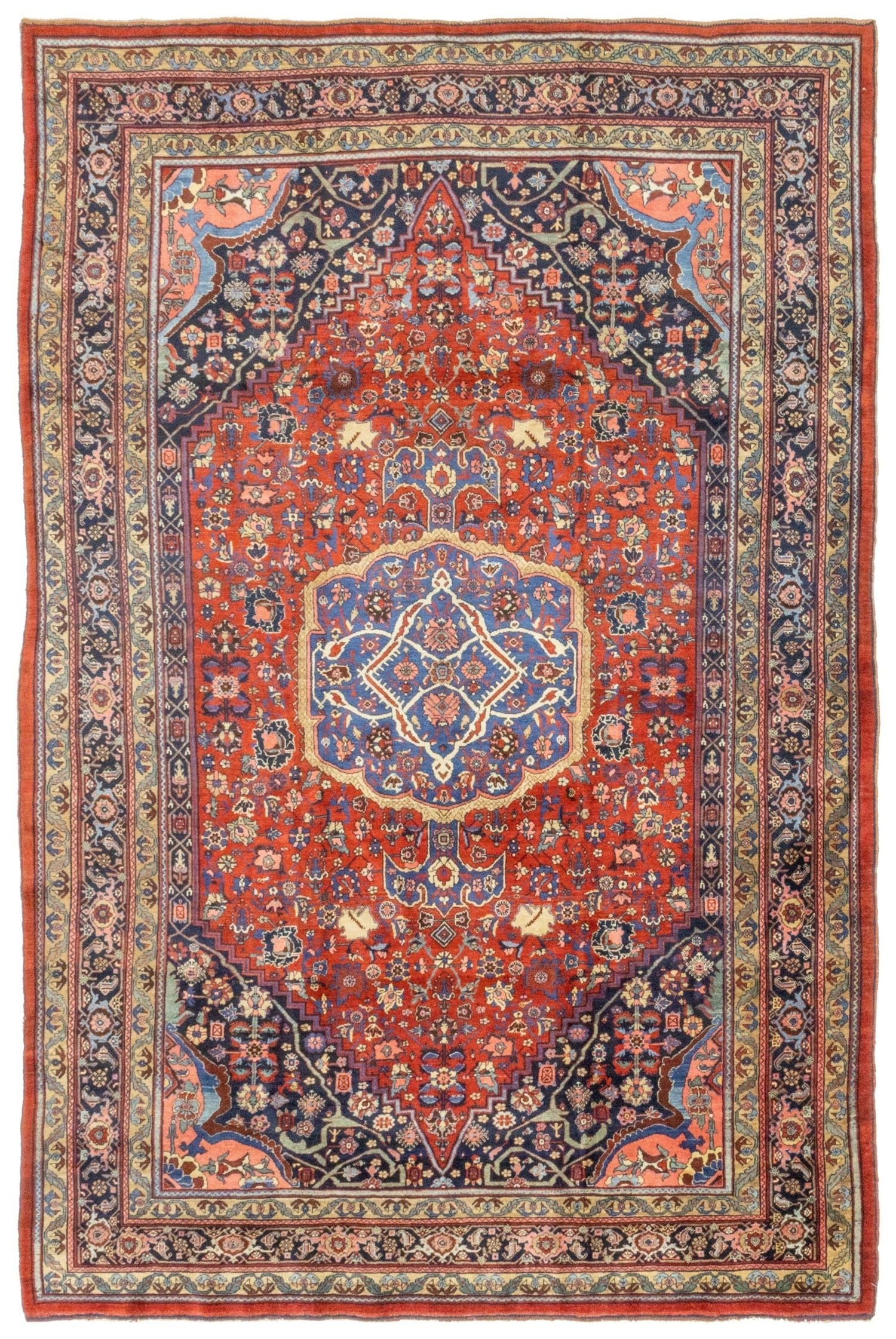 Antique Bijar Handwoven Tribal Rug J76452: Red, blue, and cream floral design, intricate details.
