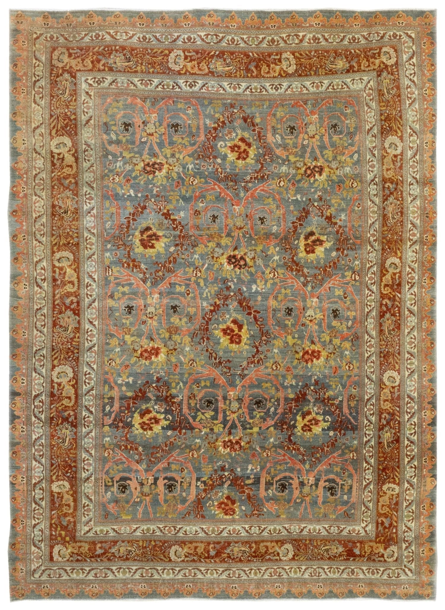 Antique Bijar Handwoven Tribal Rug, 73504: Blue-gray rug with intricate floral design, detailed border, and rich colors.
