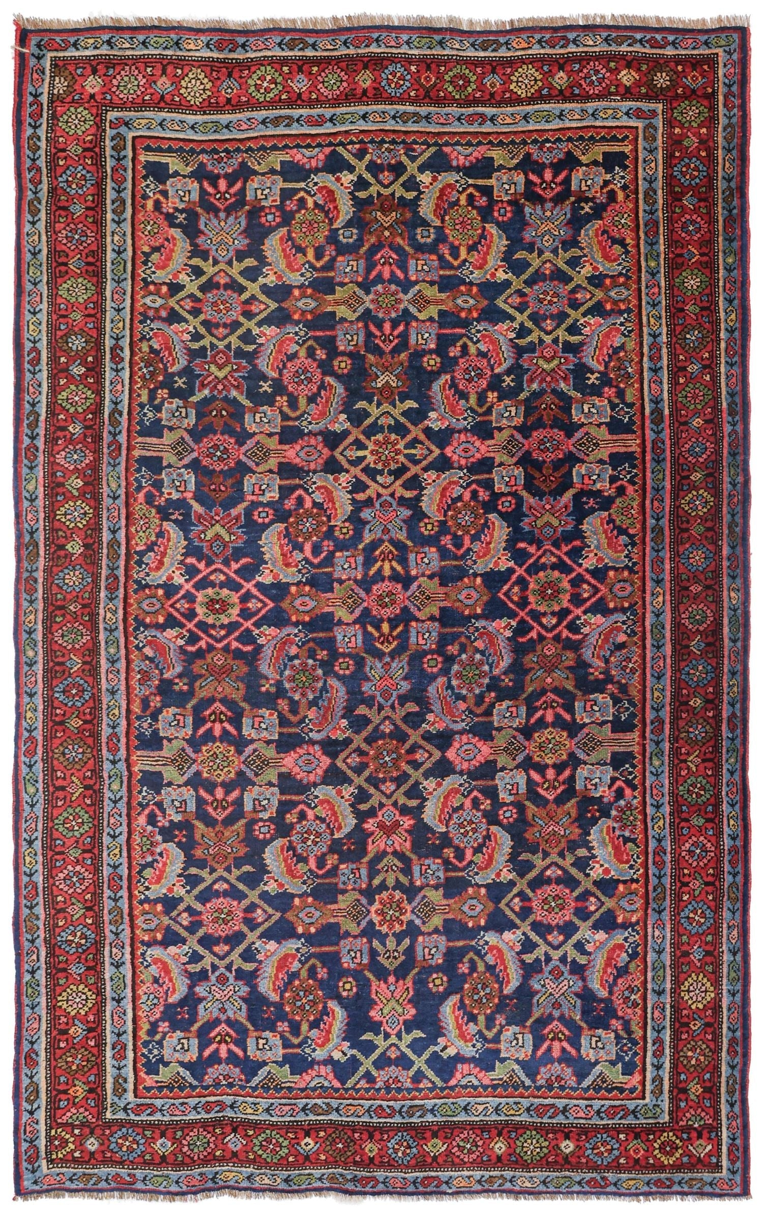 Antique Bijar handwoven tribal rug J75107: navy blue, red, pink floral pattern, detailed border.
