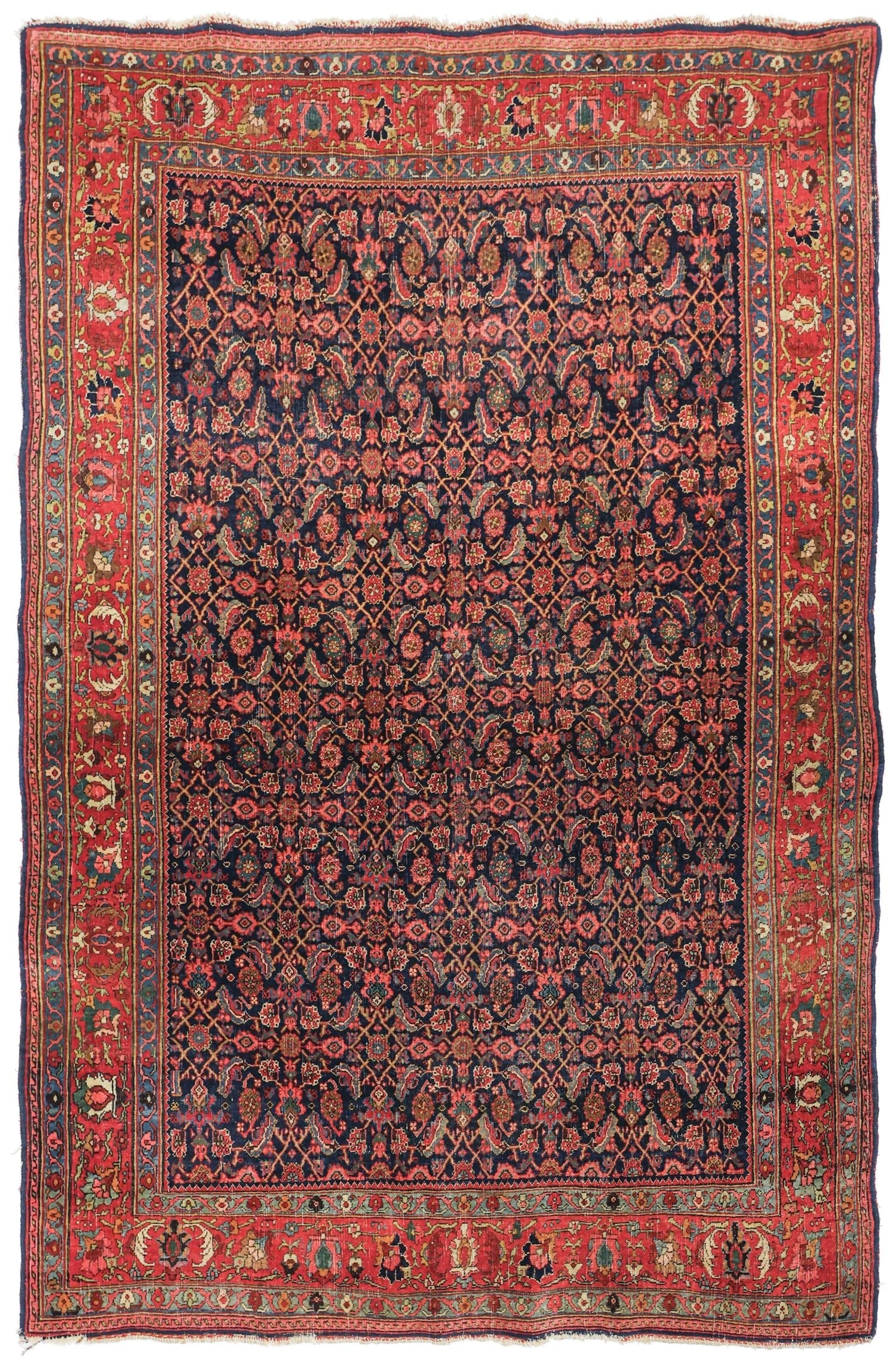 Antique Bijar Handwoven Tribal Rug J76405: Red & navy floral pattern, intricate border.
