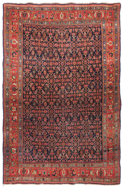 Antique Bijar Handwoven Tribal Rug J76405: Red & navy floral pattern, intricate border.
