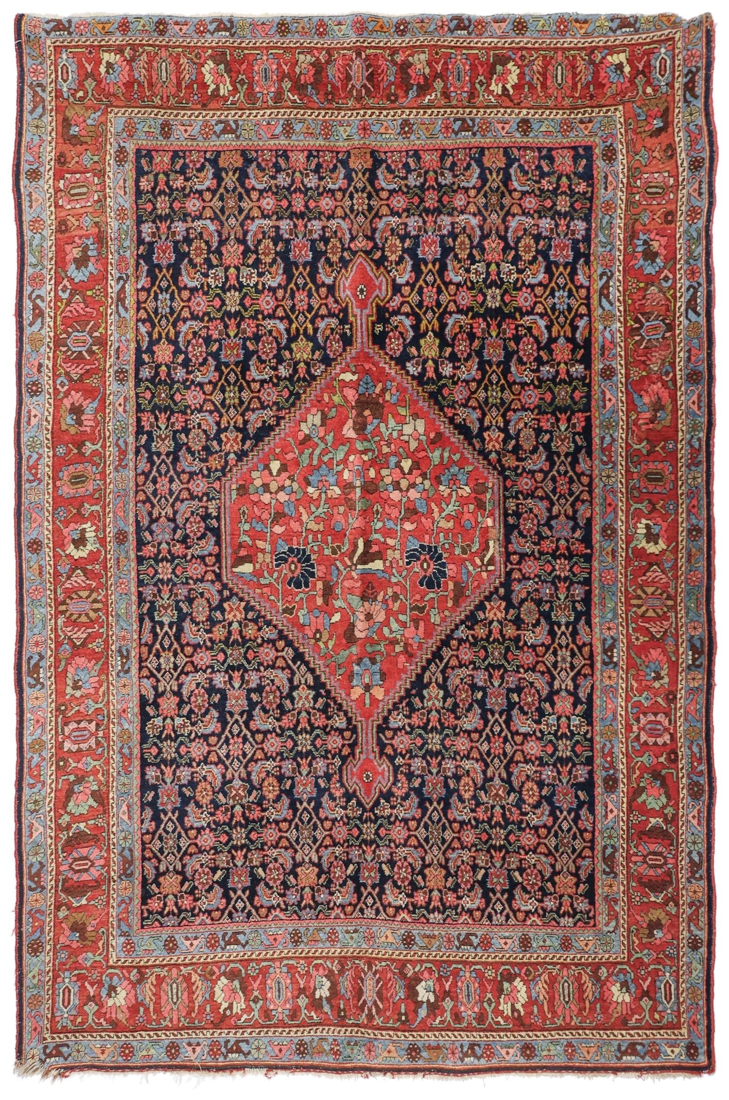 Antique Bijar Handwoven Tribal Rug J76408: Red & navy floral pattern, intricate detail.
