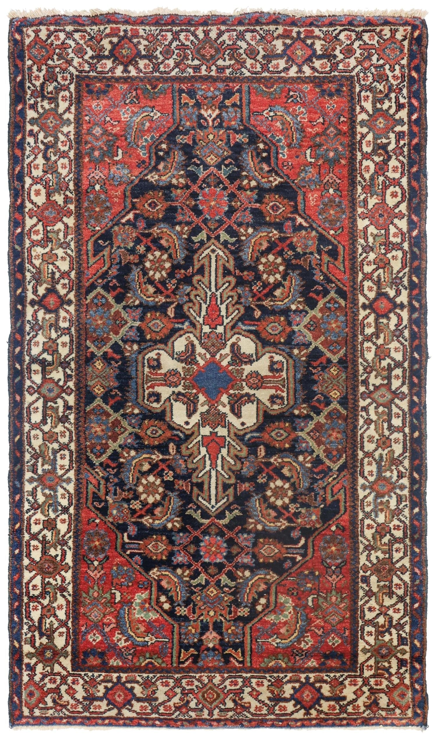 Antique Engelis handwoven tribal rug JF8718: richly detailed, red, blue, ivory, intricate pattern.
