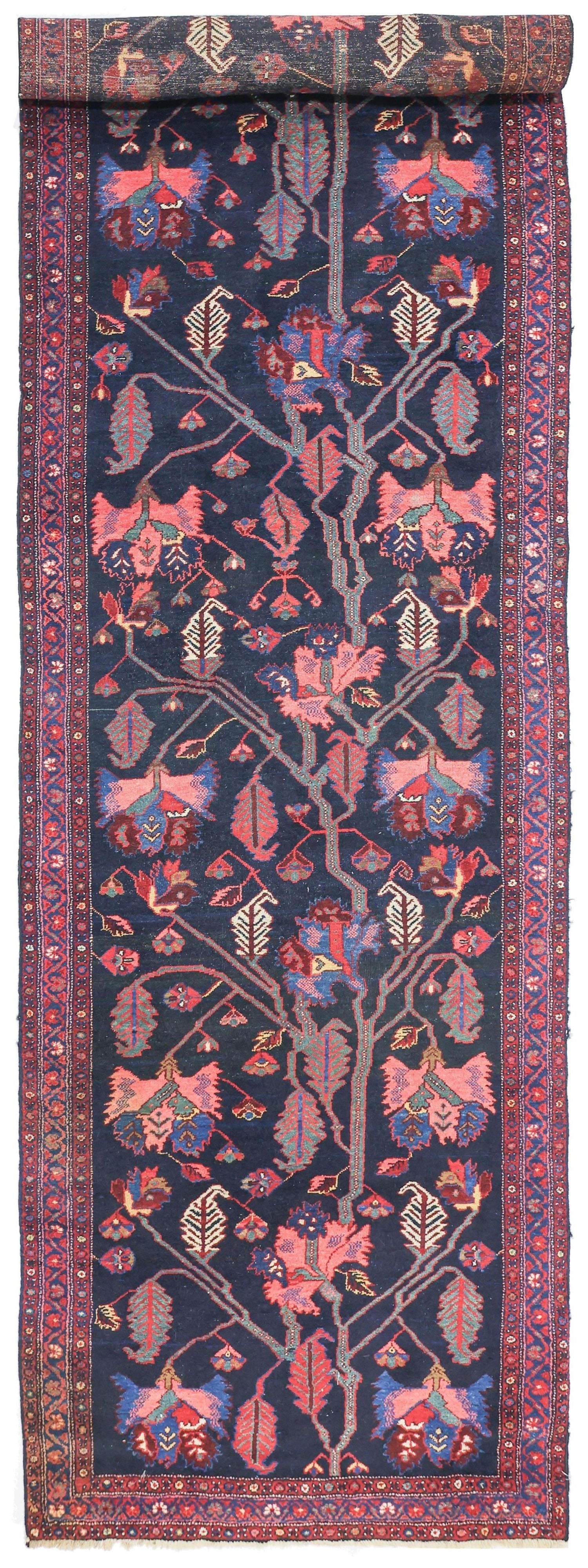 Antique Fine Bakhtiari handwoven tribal rug, J76482, navy blue with red and pink floral tree of life design.
