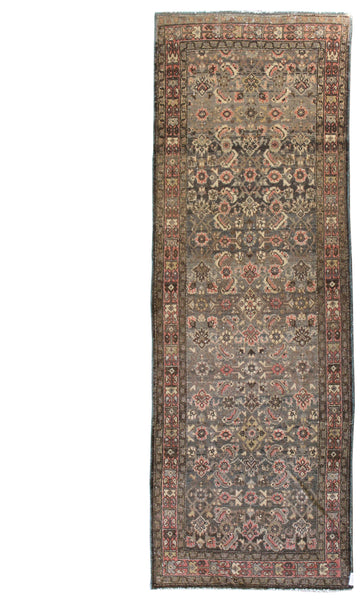 Antique Hamadan tribal rug J58193, gray and muted pink floral pattern, runner.
