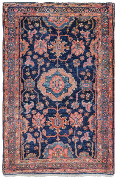 Antique Hamadan handwoven tribal rug, J75900: navy blue, coral, and teal floral pattern.
