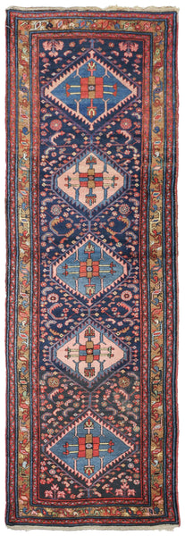 Antique Hamadan handwoven tribal rug J76375: navy blue, red, pink floral pattern.
