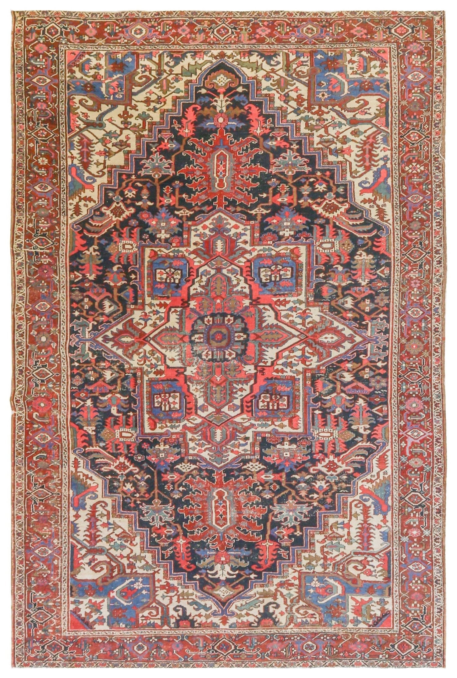 Antique Heriz handwoven tribal rug, J75895: richly colored, detailed medallion design.
