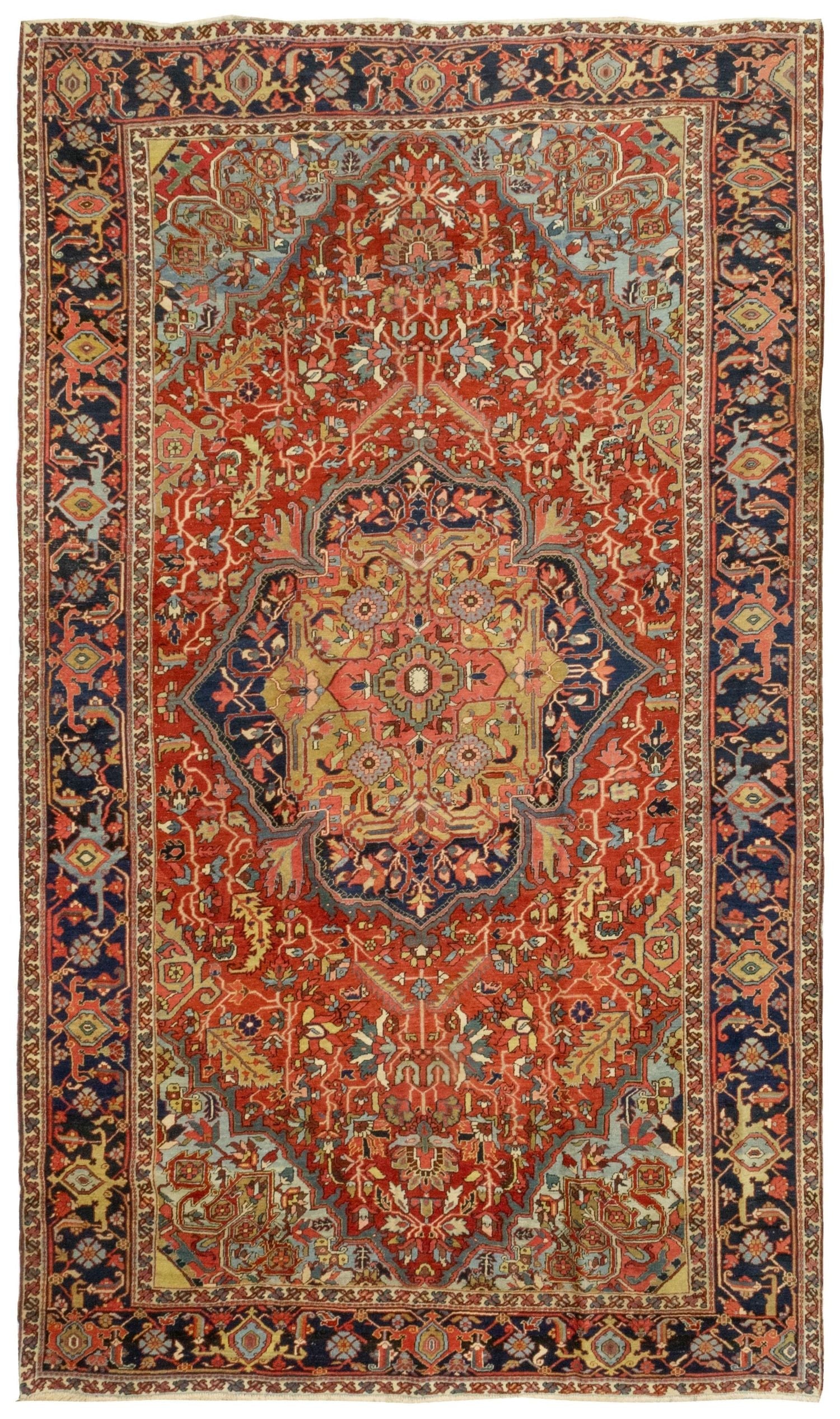 Antique Heriz handwoven tribal rug J76427: red, navy, and gold, intricate design.
