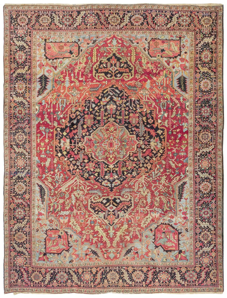 Antique Heriz handwoven tribal rug, J76428: richly colored red, black, and ivory floral design.
