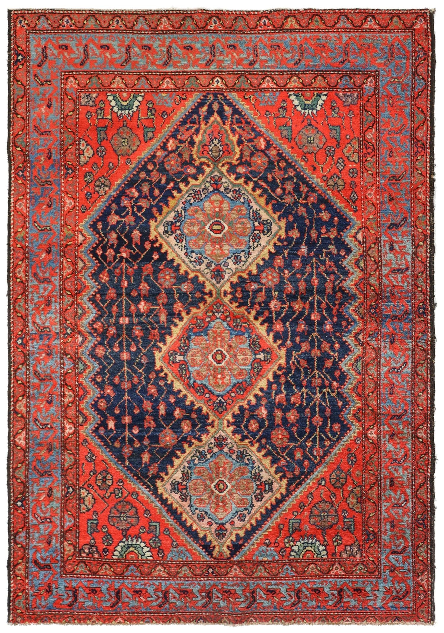 Antique Malayer Handwoven Tribal Rug J75296: Red, blue, and ivory handwoven wool rug with intricate tribal design.
