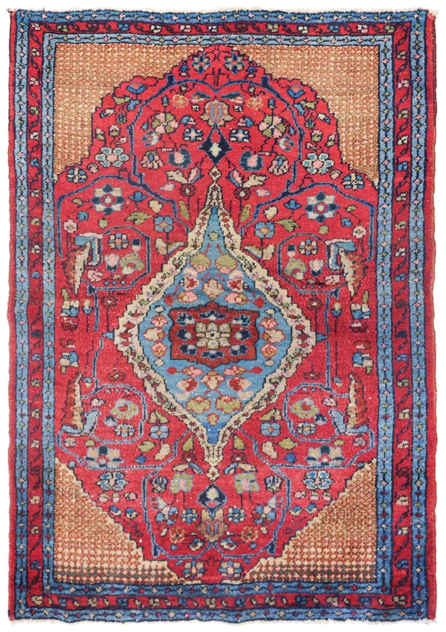 Antique Merriban handwoven tribal rug, J73855, red and blue floral pattern
