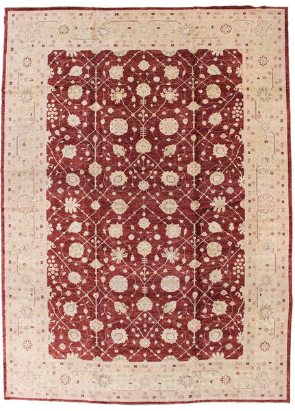 Agra Handwoven Closeout Rug J14514: Red & Beige floral handwoven rug, intricate design.
