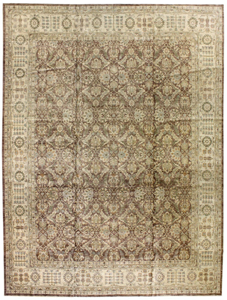 Amritsar Handwoven Traditional Rug J28046:  Brown & beige floral patterned rug with intricate border.
