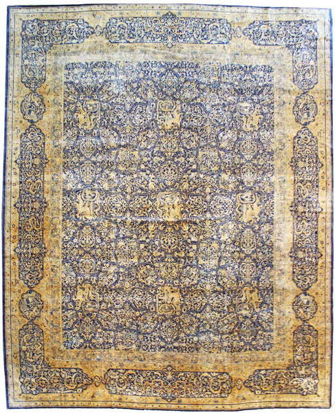 Antique Amritsar Handwoven Traditional Rug JF5777: Blue & gold intricate design.
