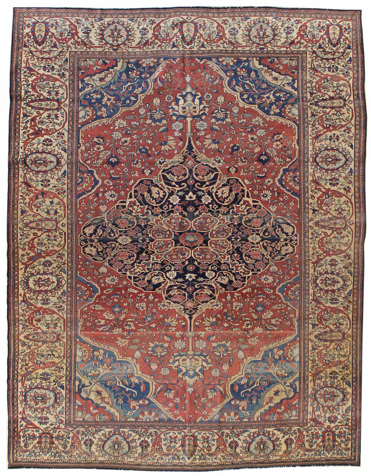 Antique Ferahan Sarouk rug, JF6626: handwoven traditional rug with intricate floral design in red, blue, and ivory.
