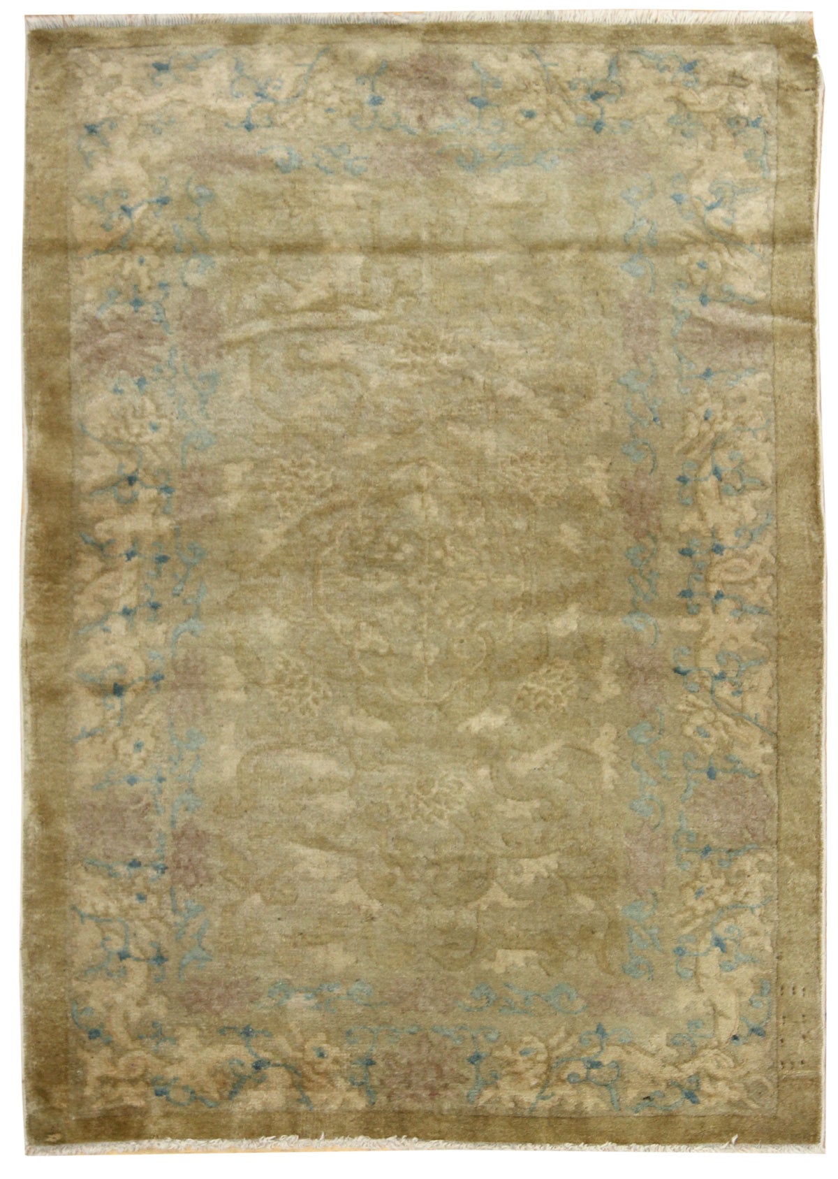 Antique Peking handwoven rug, JF6836, beige with blue floral details.
