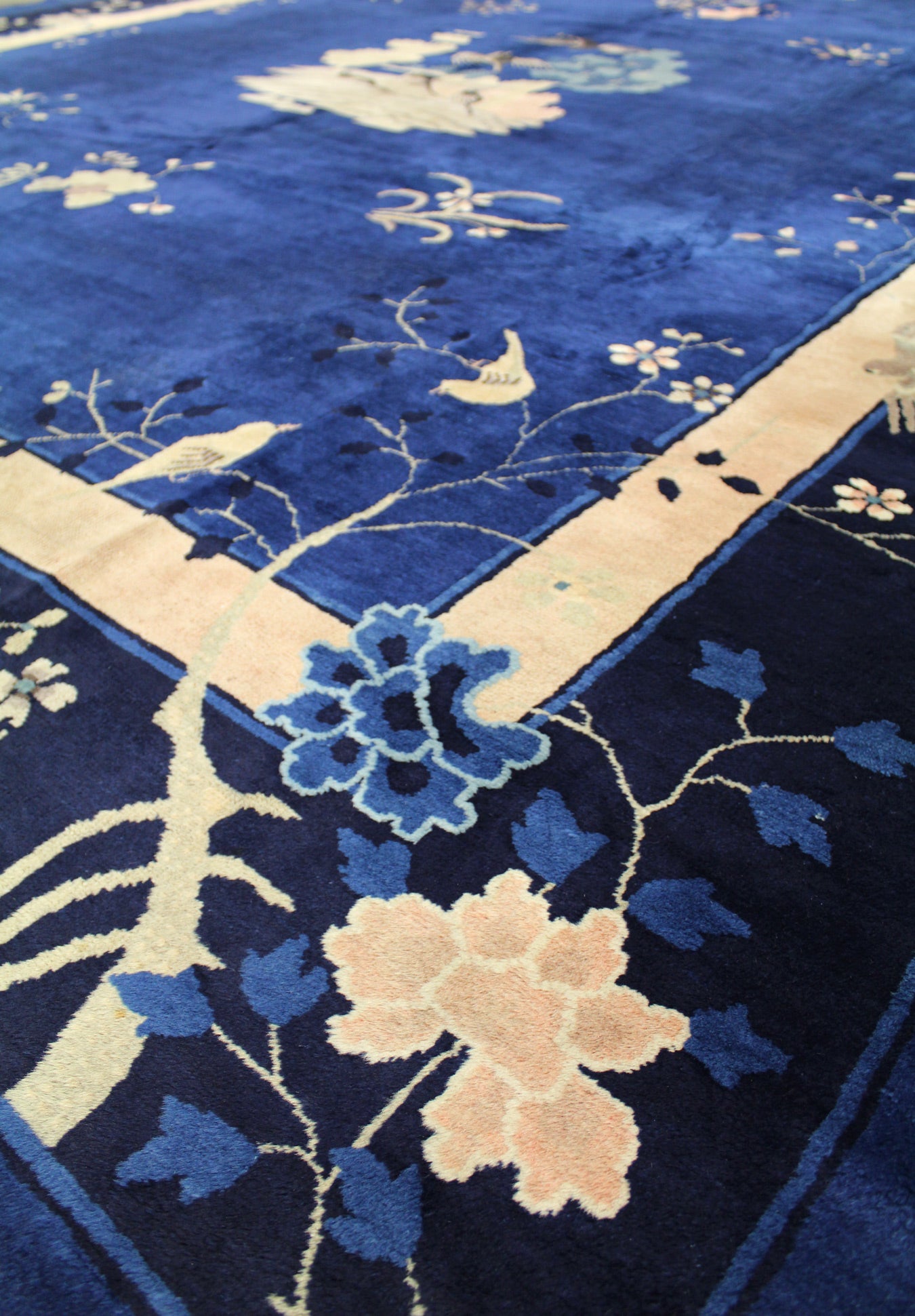 Detail of antique Peking rug, navy blue with floral and bird motifs, cream border.
