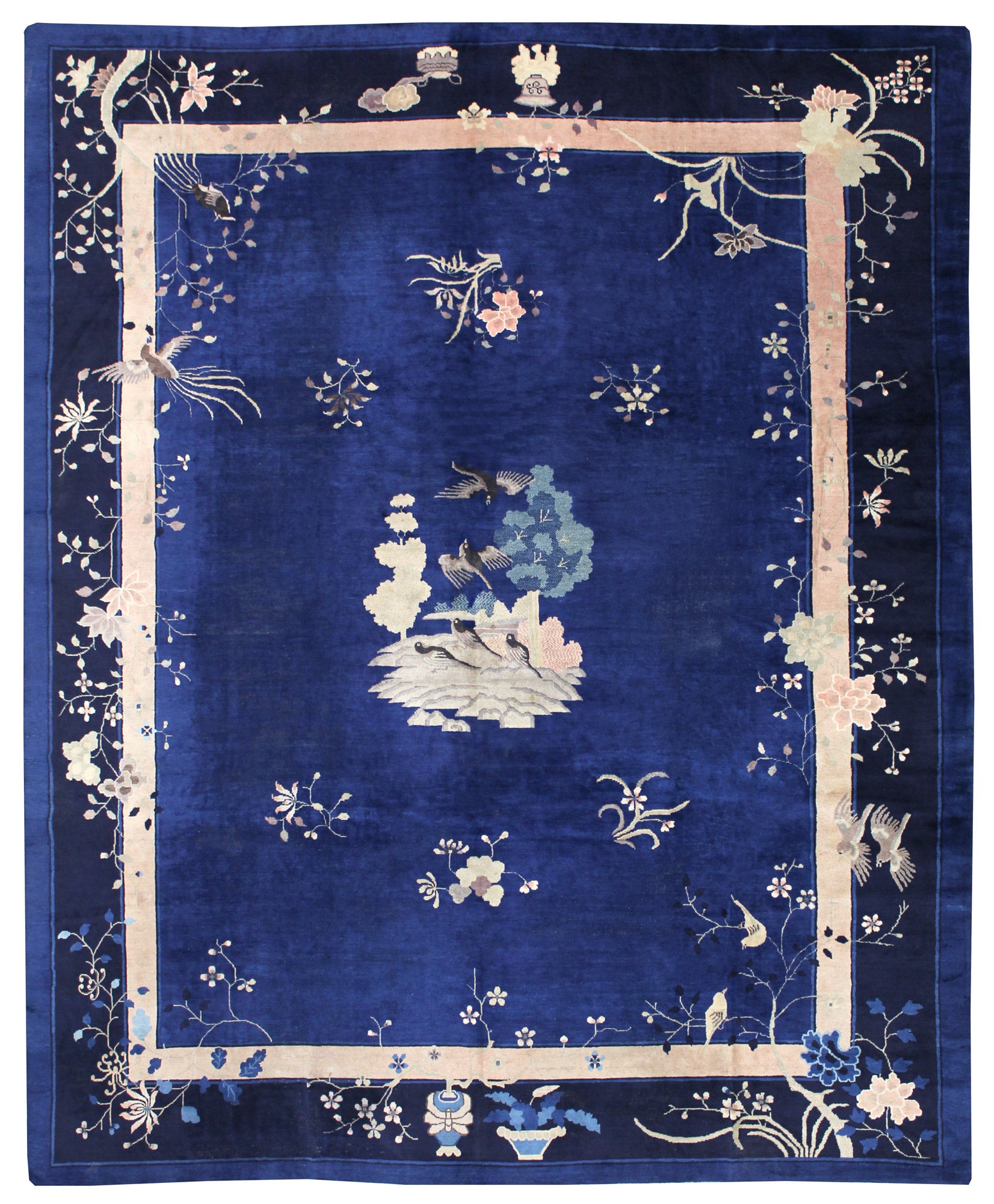 Antique Peking handwoven rug, JF7909, deep blue with floral & bird motifs.
