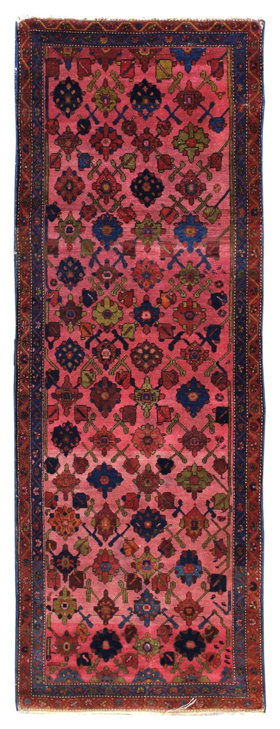 Antique Hamadan handwoven tribal rug JF7998: Pink, red, blue floral pattern, detailed border.
