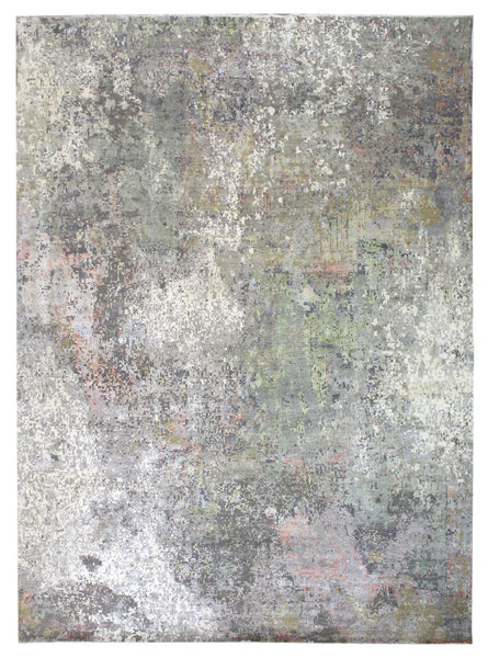 Antares Handwoven Contemporary Rug J60538: Grey, beige, and green abstract design.
