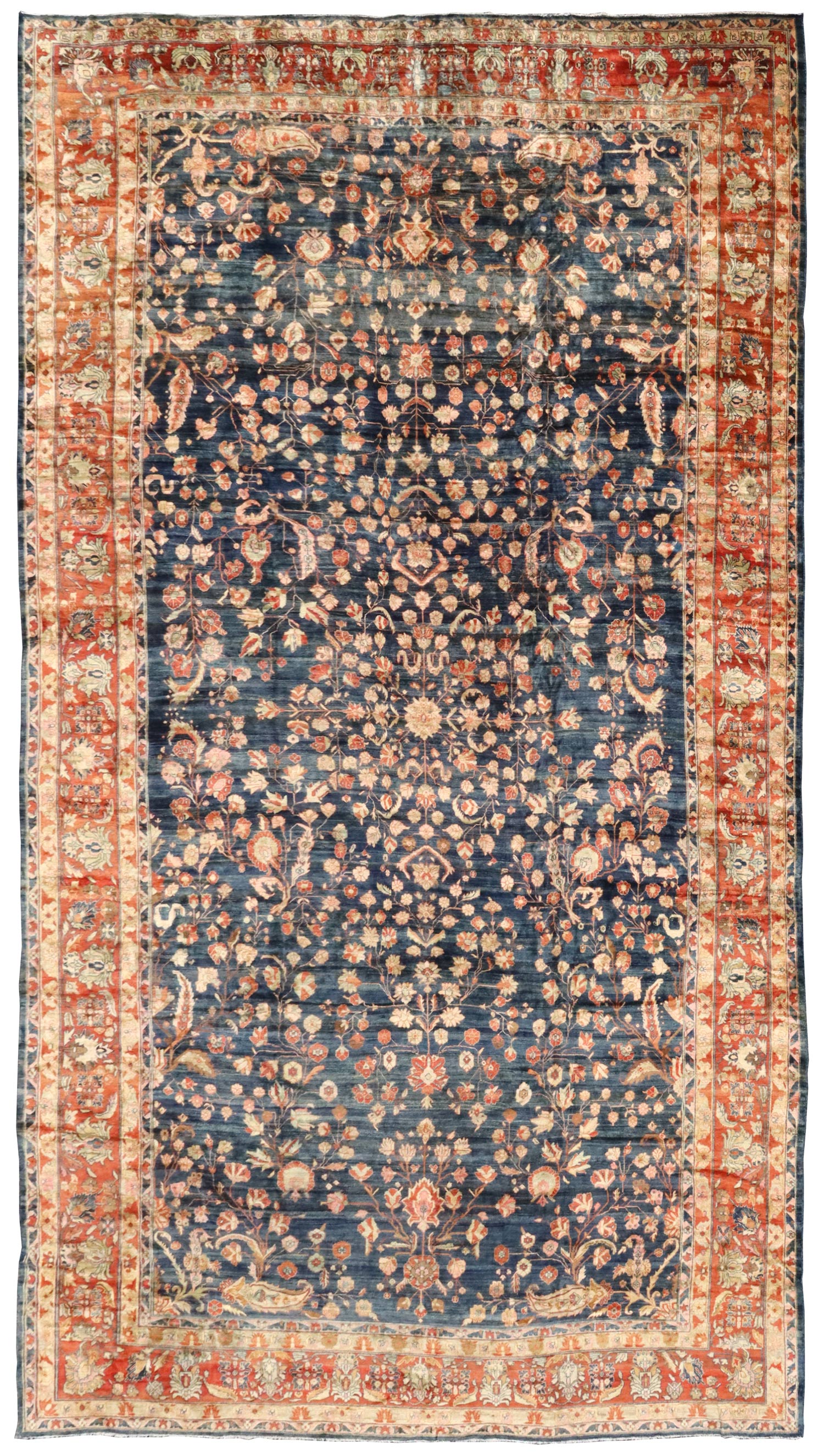 Antique Bibikabad Handwoven Traditional Rug J66194:  navy blue, floral design, red border.
