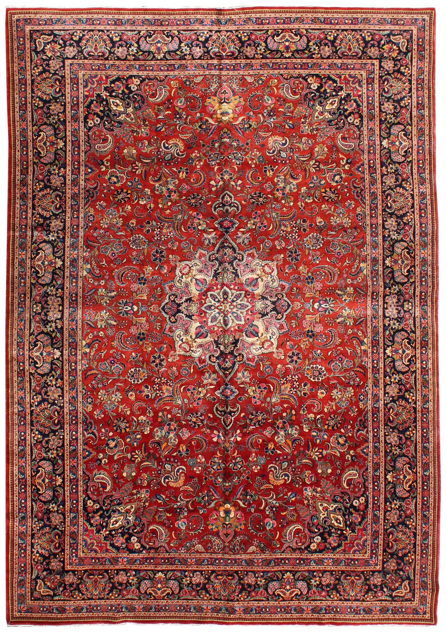 Antique Ekbatan JF8588 handwoven rug, red floral pattern, intricate border.
