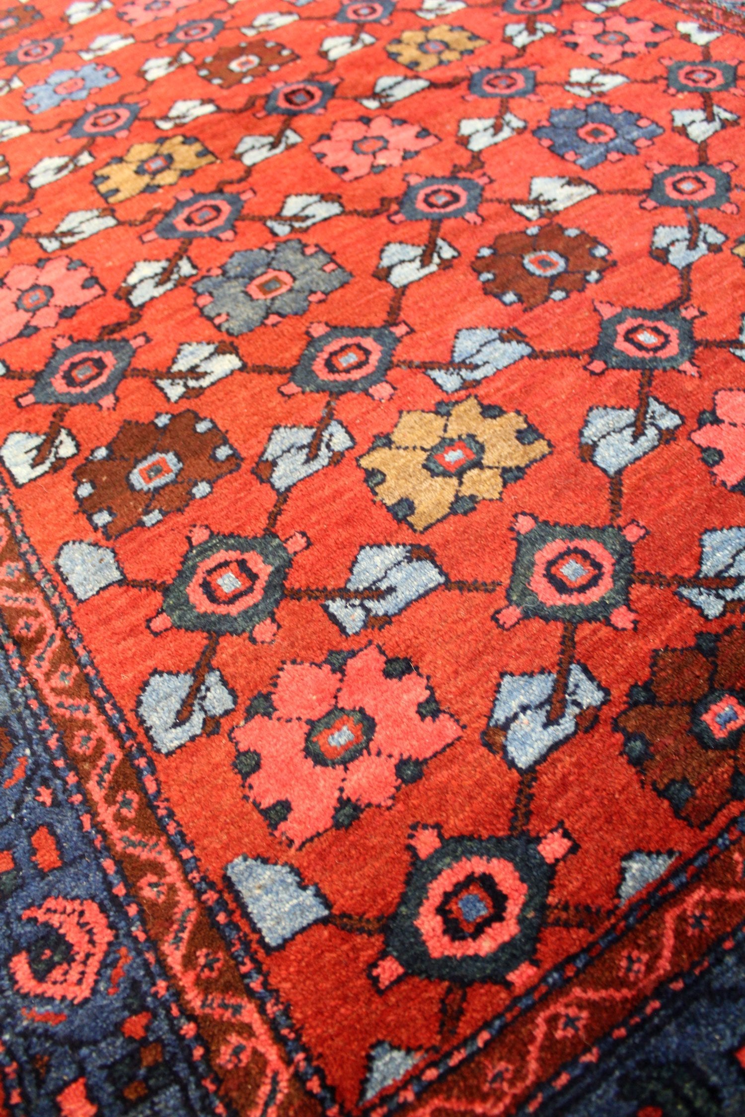 Handwoven tribal rug detail: Red base with intricate blue, pink, and brown floral patterns.
