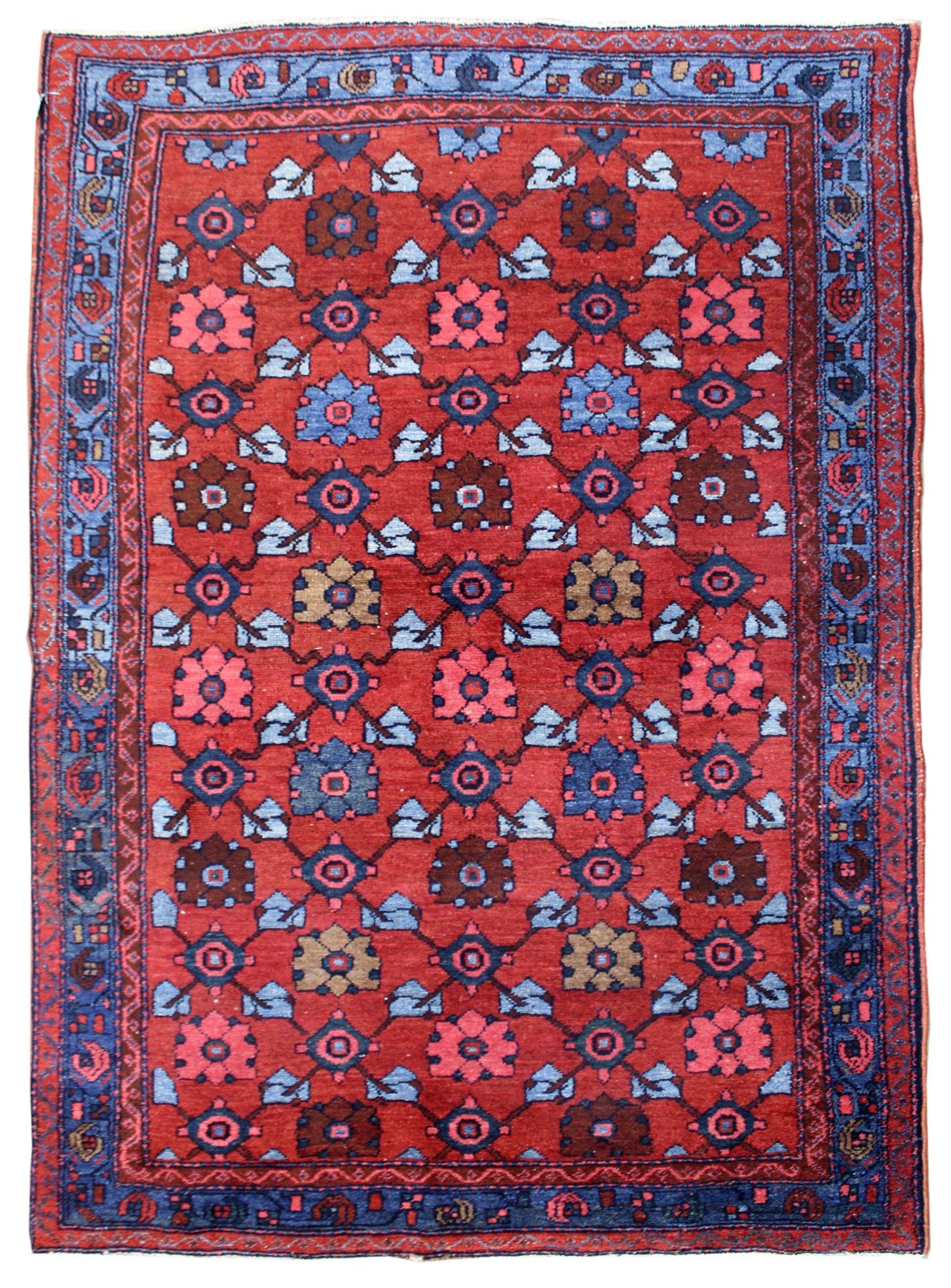 Antique Hamadan handwoven tribal rug, JF8380: red, blue, and brown floral pattern, hand-knotted detail.
