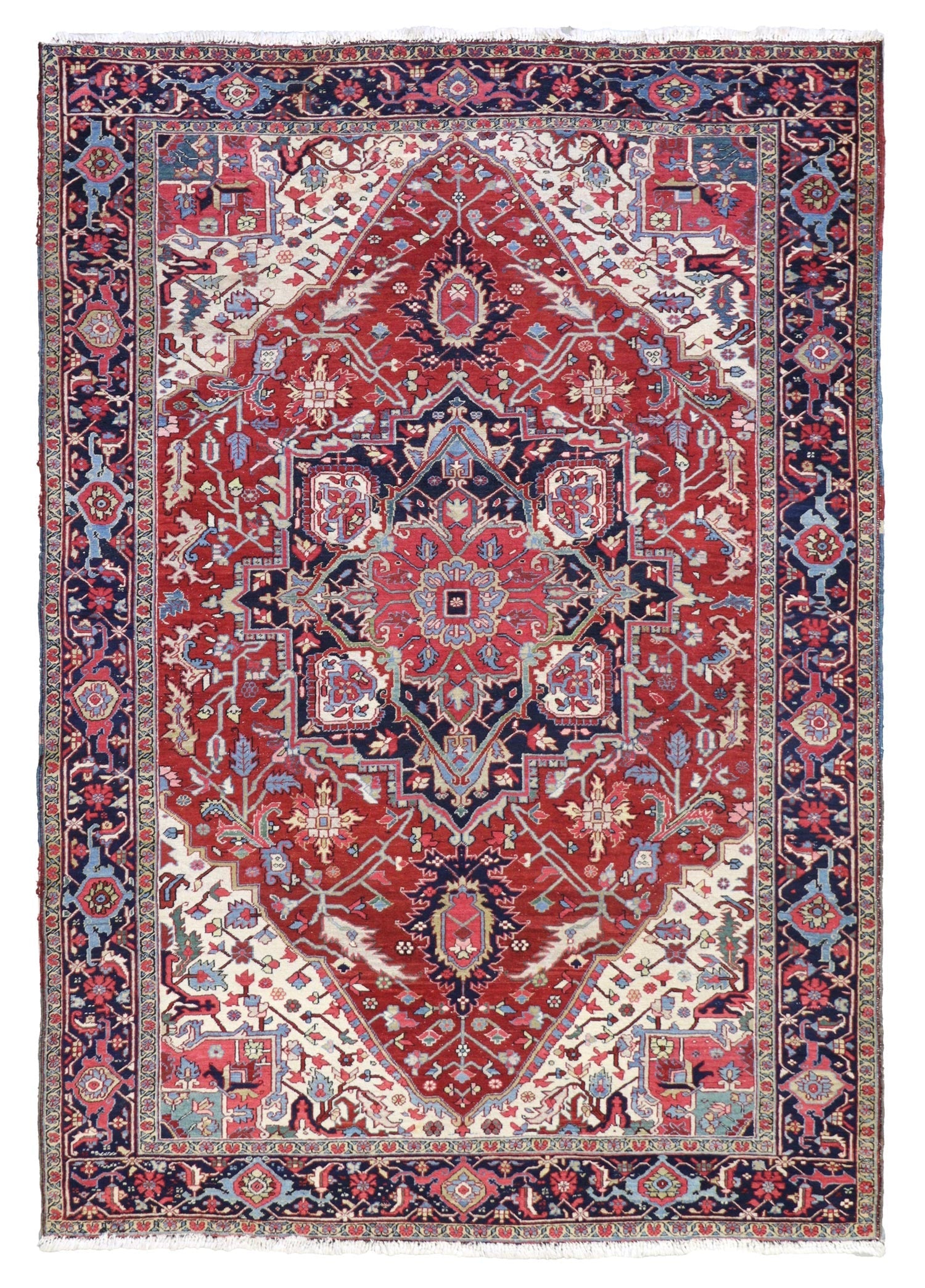 Antique Heriz handwoven tribal rug, JF8641: Red, ivory, and blue wool, intricate design.
