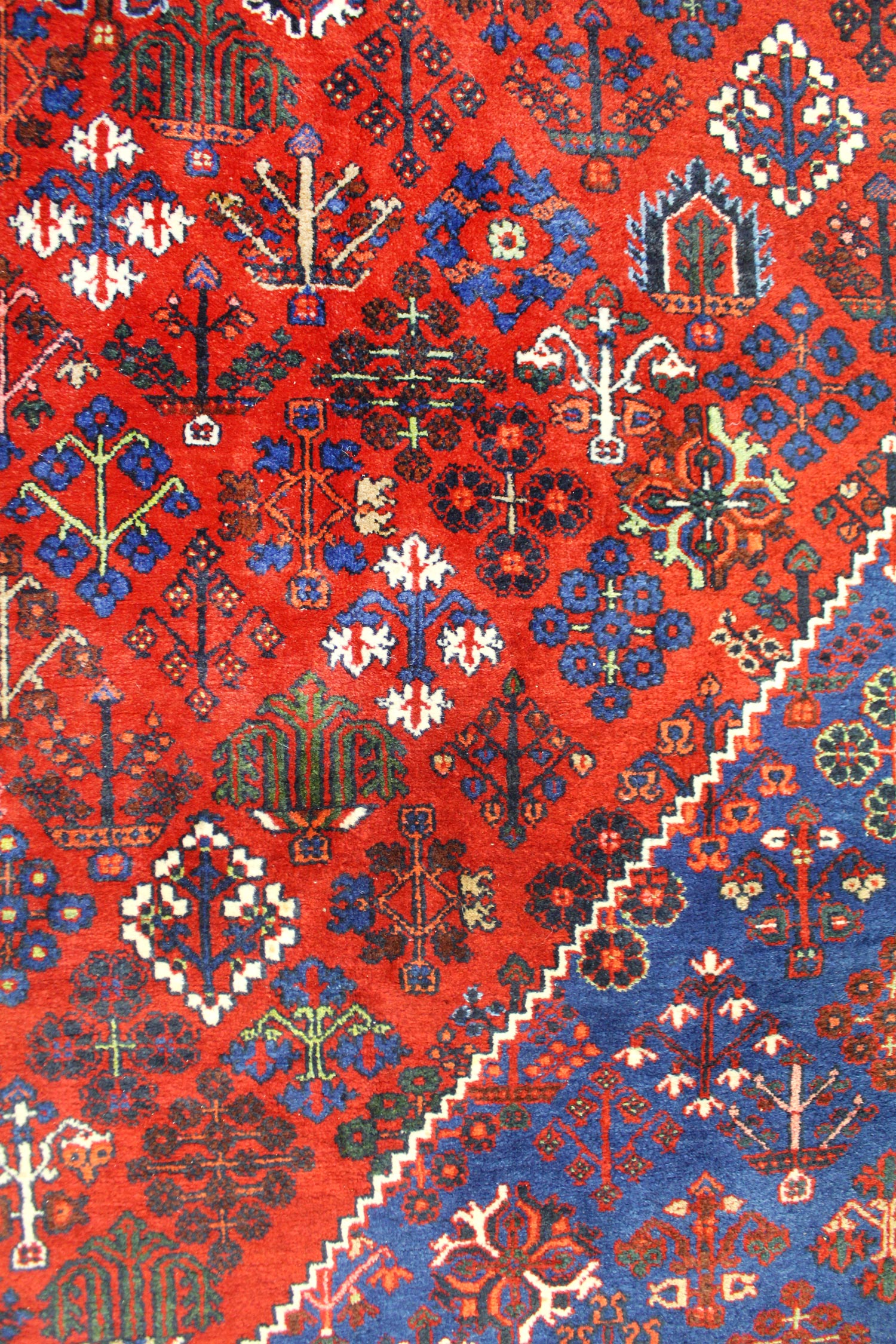 Handwoven tribal rug detail: intricate red and blue floral pattern, antique design.
