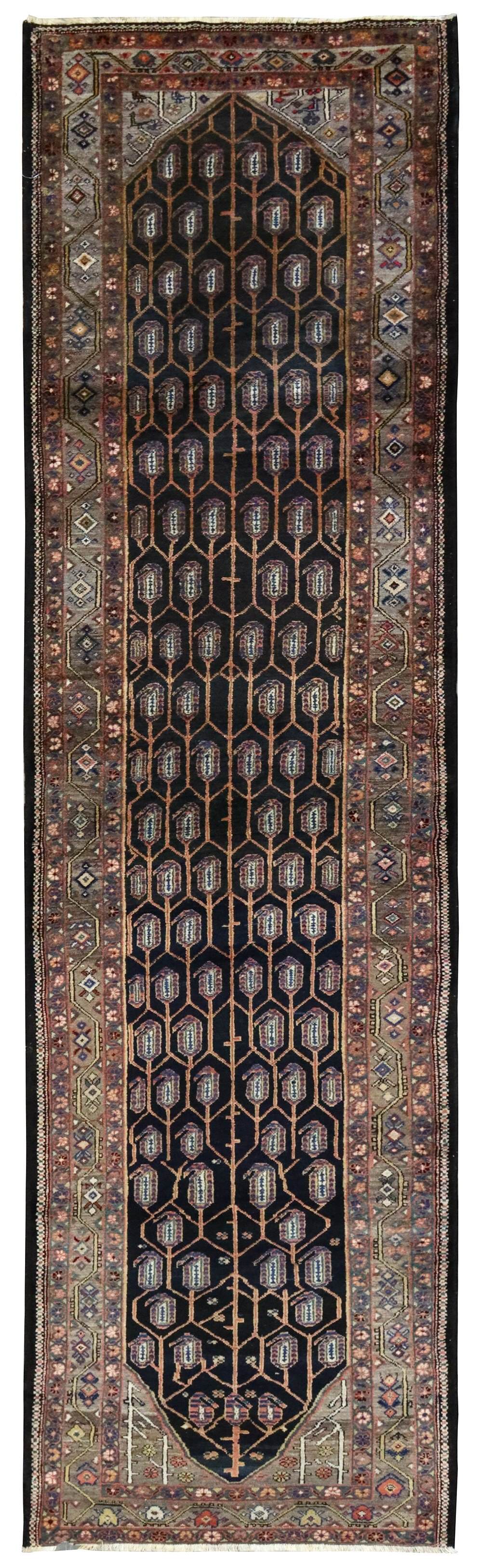 Antique Malayer Handwoven Tribal Rug JF8579: Dark navy rug with intricate floral & tree-of-life pattern, detailed border.
