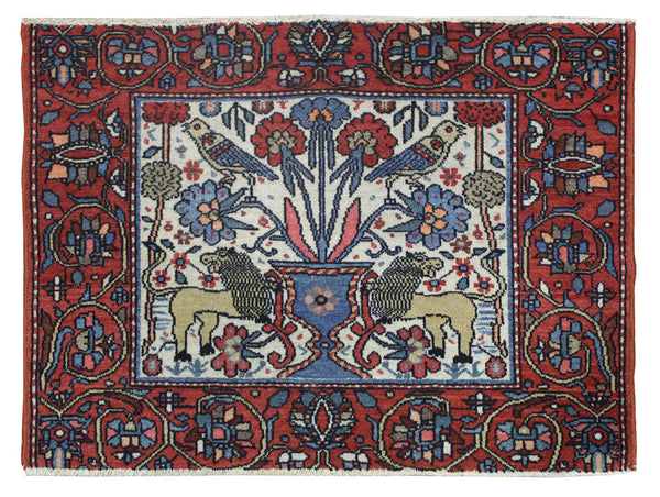 Antique Mishan Malayer rug JF8621: handwoven tribal rug with lions, birds, and floral design, red and ivory tones.
