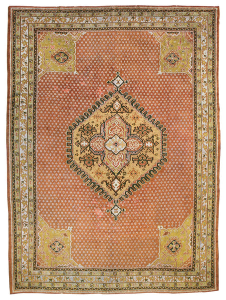 Antique Oushak handwoven tribal rug J63610: terracotta, beige, & green geometric pattern.
